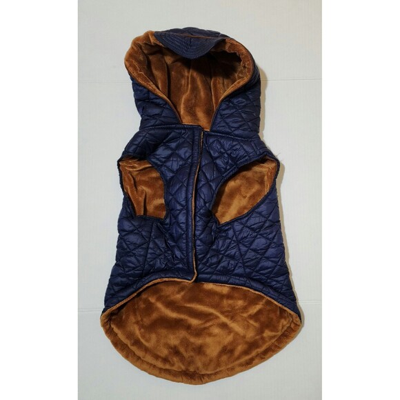 Rachel Zoe Dog's Quilted Hooded Vest Jacket Sz L Navy Blue Brown Faux-Fur Lining - Picture 1 of 7
